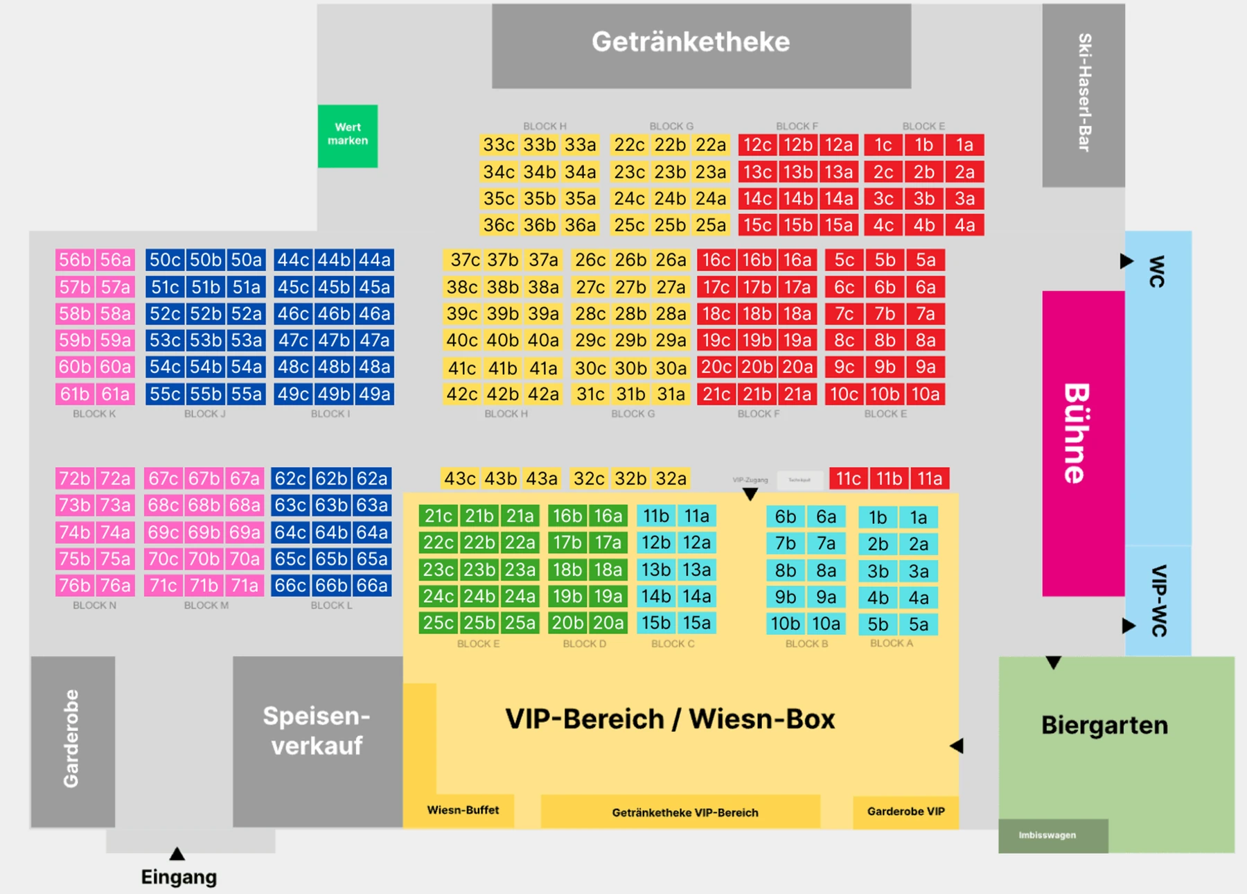 Zeltplan mit Bühne, Blöcken A bis N, VIP-Bereich, Biergarten, Getränketheke und Eingang
